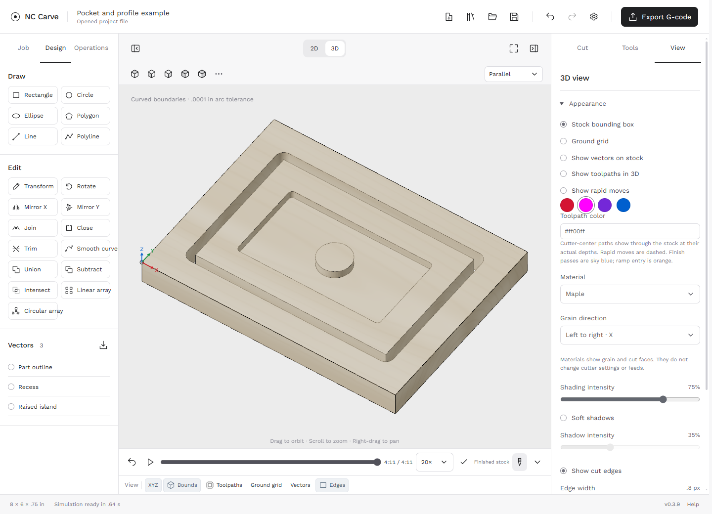 NC Carve showing a simulated pocket, raised island and outside profile in a synthetic woodworking project